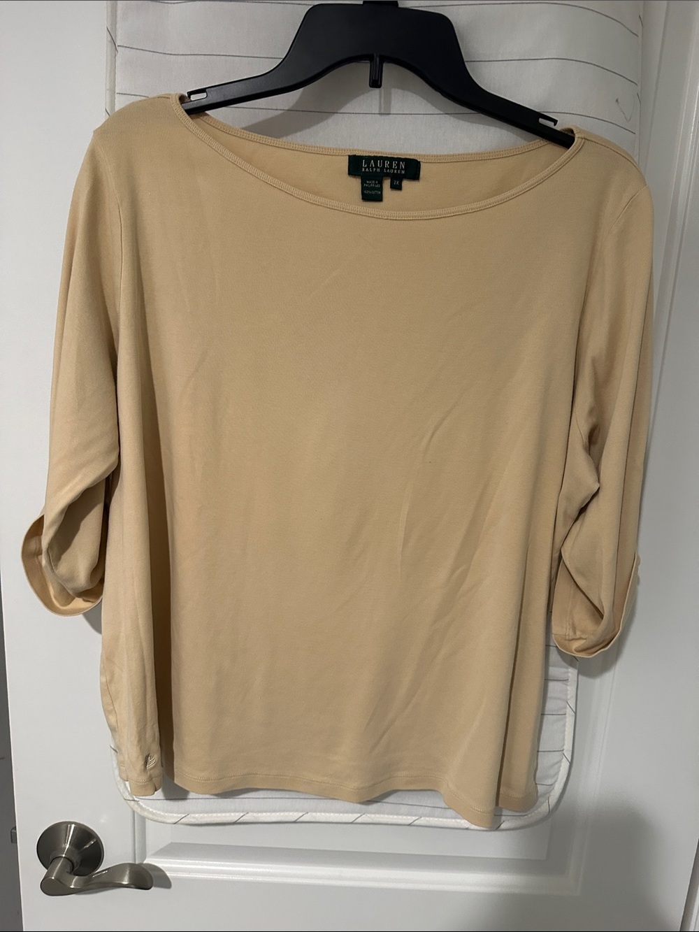 Lauren Ralph Lauren Beige Boatneck Roll-Tab Long Sleeve Top